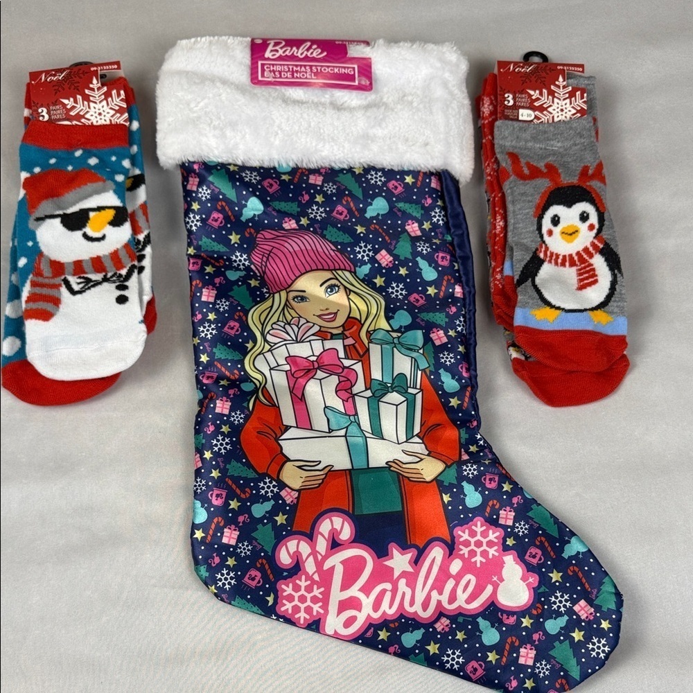 Barbie Festive Satin Stocking with Plush Trim and 2 Pair of Holiday Socks